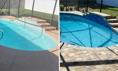 side-by-side comparison of a pool remodel